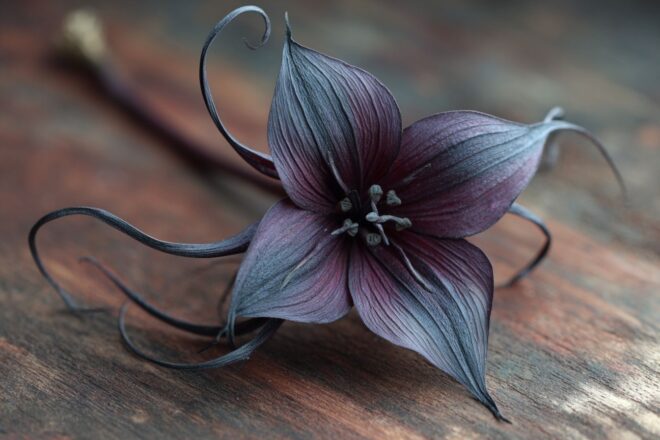 Artistic shot of a bat flower on wood