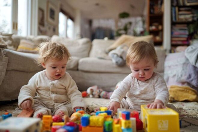Bébés jouant avec jouets dans salon chaleureux