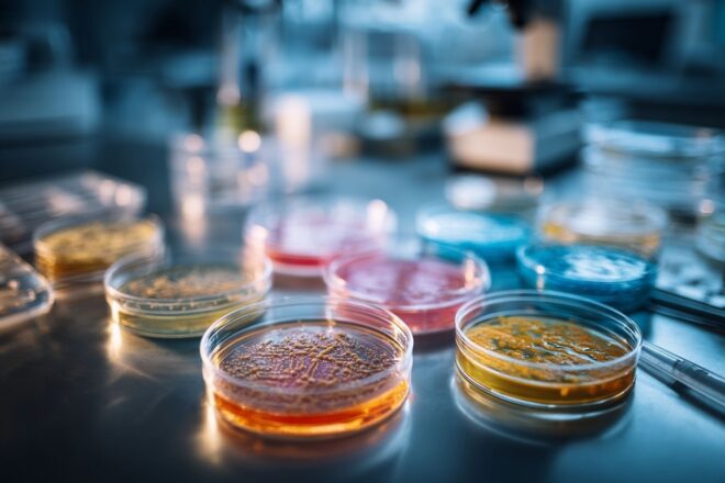 Boîtes de petri avec bactéries marines