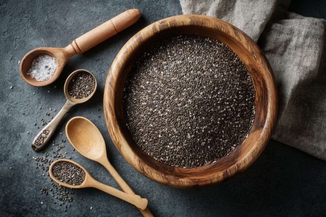 Bol en bois débordant de graines de chia