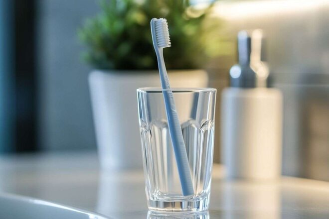 Brosse à dents dans un verre en gros plan