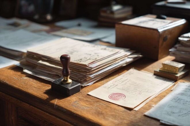 Bureau en bois avec documents et tampon notarial