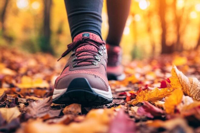 Chaussures de marche confortables sur chemin automnal