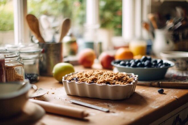 Crumble dessert frais sur un plan de travail de cuisine