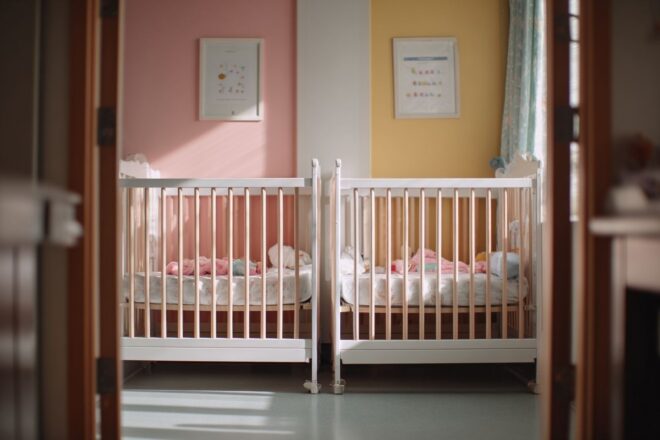 Deux berceaux dans une chambre de maternité lumineuse