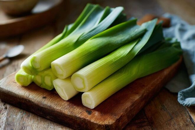 Disposition de poireaux verts frais sur planche en bois