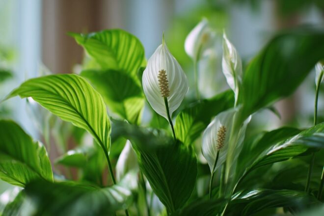 Feuillage vert luxuriant et fleurs blanches de lys de paix
