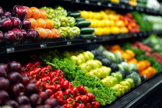 Fruits et légumes frais sur une étagère de supermarché