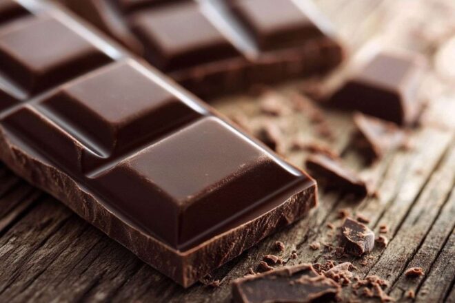 Gros plan de barre chocolatée sur table en bois