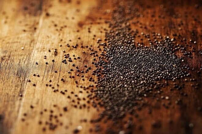 Gros plan de graines de chia sur bois