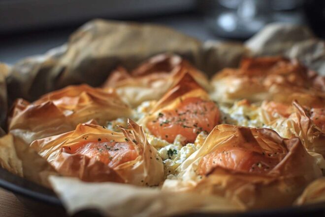 Gros plan de pâte filo dorée et feuilletée