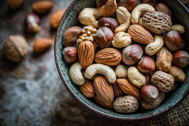 Gros plan d un bol rempli de noix variées