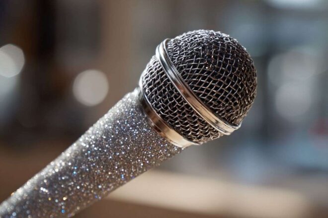 Gros plan d un microphone orné de paillettes