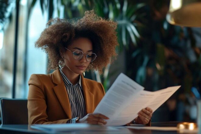 Gros plan d une femme d affaires examinant des documents d assurance santé sur son bureau moderne
