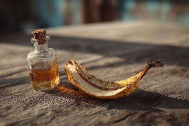 Gros plan d une pelure de banane sur une table en bois avec une bouteille de vinaigre