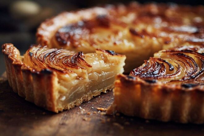 Gros plan d une tarte à l oignon parfaitement tranchée