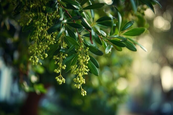 Gros plan sur des grappes de gui vert luxuriant