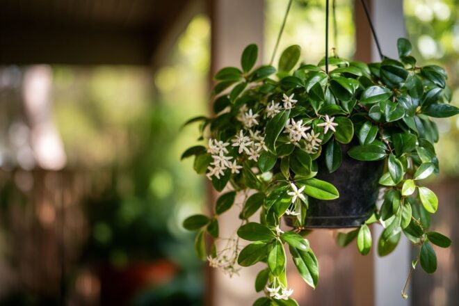 Hoya en suspension avec feuilles luxuriantes et fleurs Éblouissantes