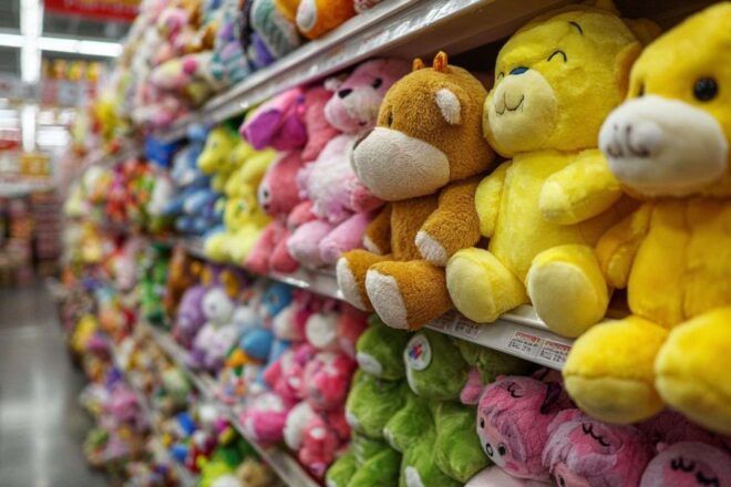 Jouets peluche colorés en supermarché