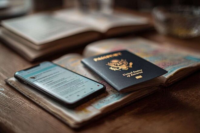 Passeport ouvert et smartphone notification historique réseaux sociaux