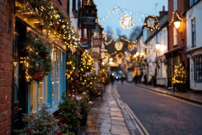 Rue pittoresque avec décorations de noël