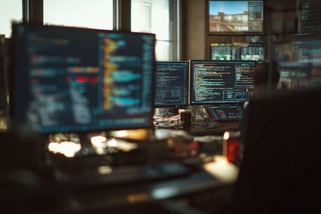 Salle sombre avec écrans d ordinateur