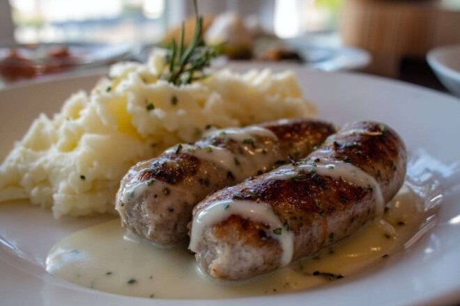 Saucisse blanche en gros plan avec purée