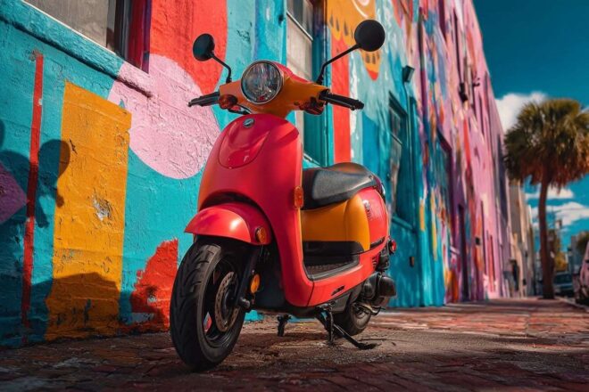 Scooter vif devant fresque colorée