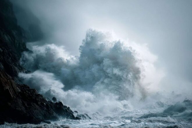 Vagues déferlantes sur la côte rocheuse