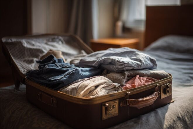 Valise à moitié remplie de vêtements débordants