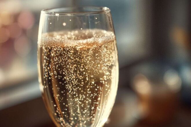 Verre en tulipe rempli de champagne pétillant