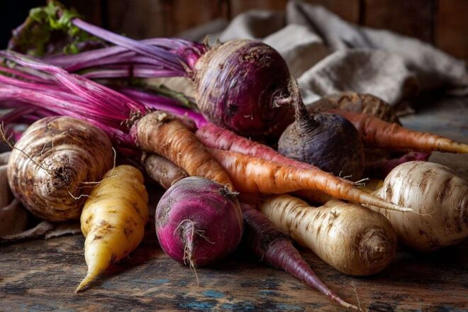 Affichage éclatant de légumes racines