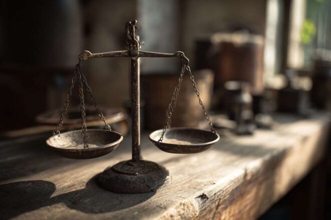 Balance ancienne sur bureau en bois