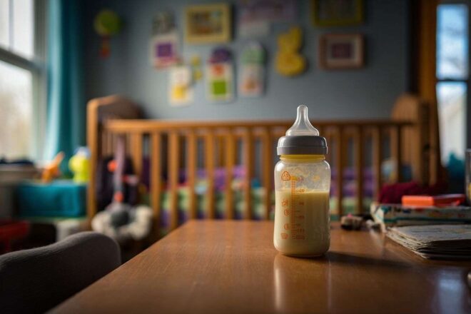 Biberon avec lait infantile près de chambre bébé colorée