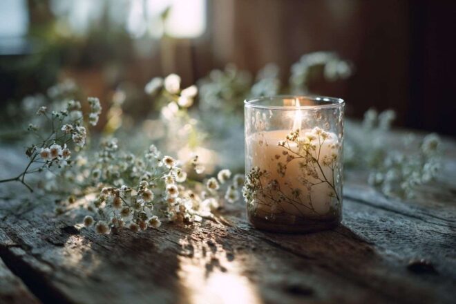 Bougie de mémoire avec fleurs délicates