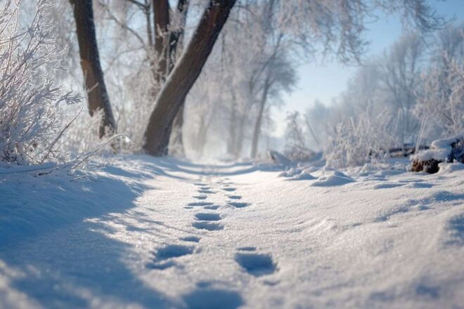 Chemin enneigé avec empreintes