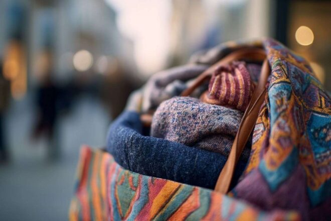 Close up d un sac de shopping débordant de vêtements d hiver