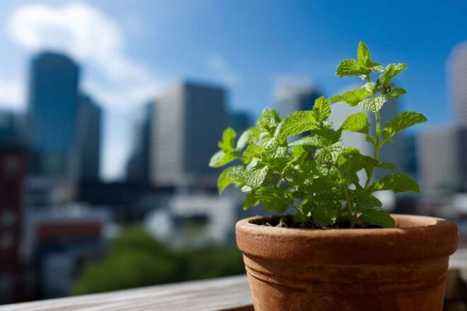 Feuilles de menthe fraîches en pot sur balcon urbain ensoleillé