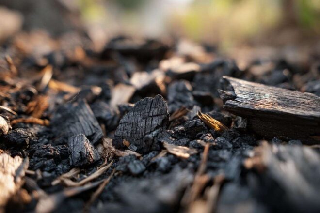 Fragments de bois carbonisés après incendie