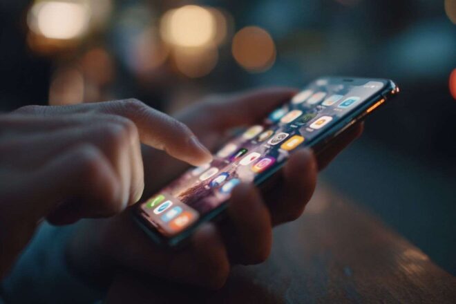 Gros plan de mains sur application de médias sociaux