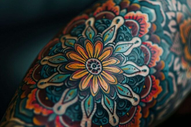Gros plan de tatouage détaillé sur le bras