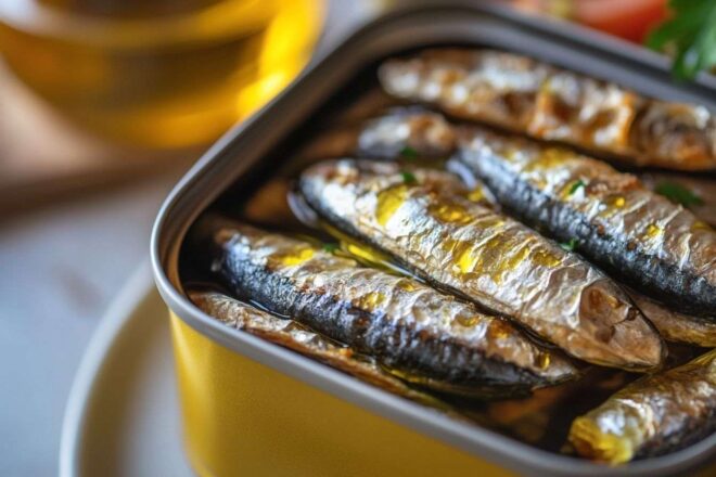 Gros plan d une boîte de conserve ouverte avec des sardines brillantes à l huile d olive
