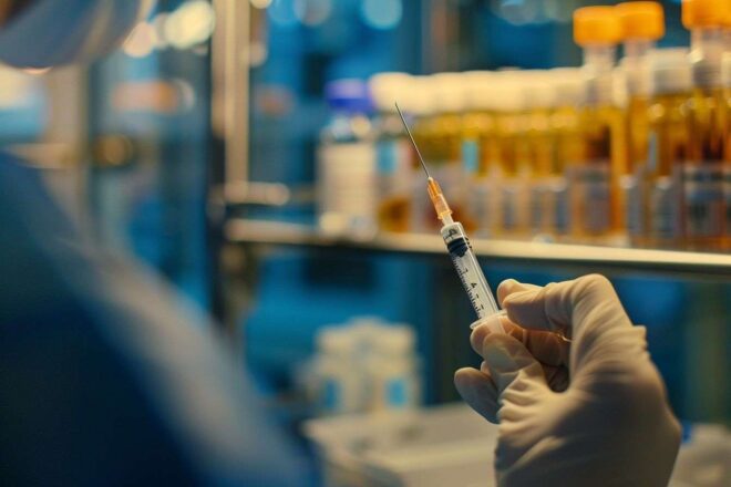 Gros plan d une seringue de vaccin contre la grippe prête pour administration