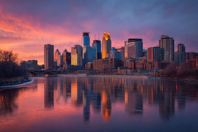 Minnepolis skyline vue panoramique coucher de soleil