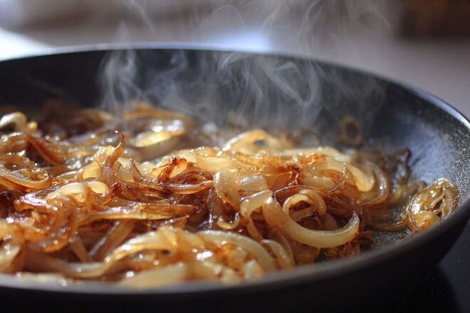 Oignons caramélisés dans une poêle