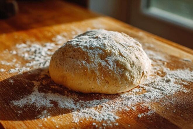 Pâte à pizza lisse sur surface en bois