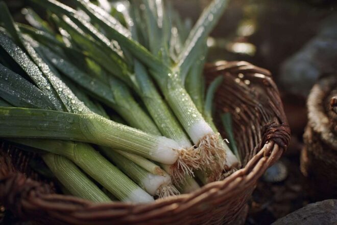 Poireaux fraîchement récoltés en panier
