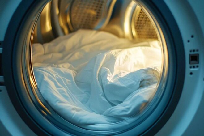 Porte de lave linge ouverte avec une couette propre et lumineuse