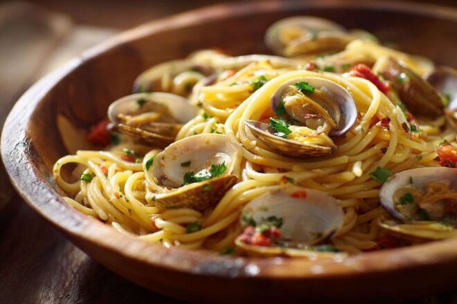 Présentation élégante de spaghetti alle vongole