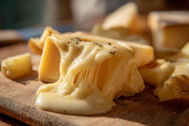 Raclette fondue avec pommes de terre et cornichons